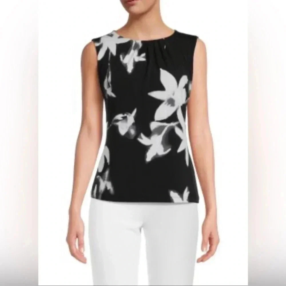 Calvin Klein Women’s Sleeveless Floral Career Blouse Black White Floral Silky Lg